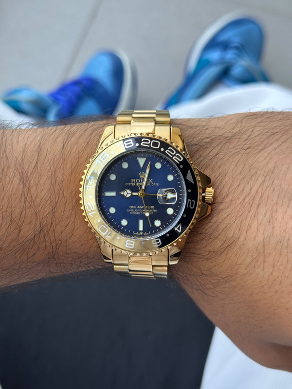 Rlx GMT 2 Dorado Tablero Azul Bisel Negro Dorado