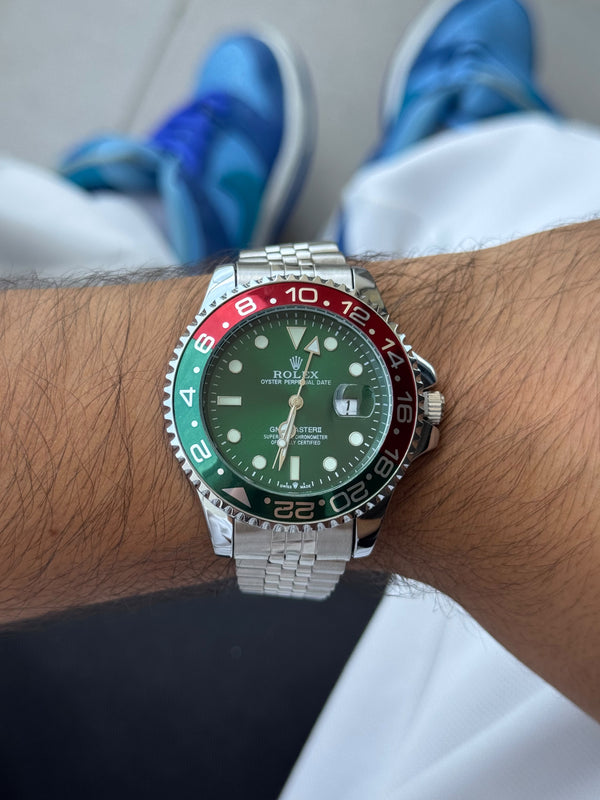 Rlx GMT 2 Plateado Tablero Verde Bisel Verde Rojo