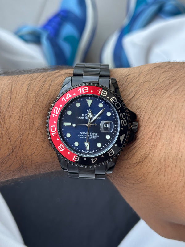 Rlx GMT 2 Negro Tablero Azul Bisel Rojo Negro