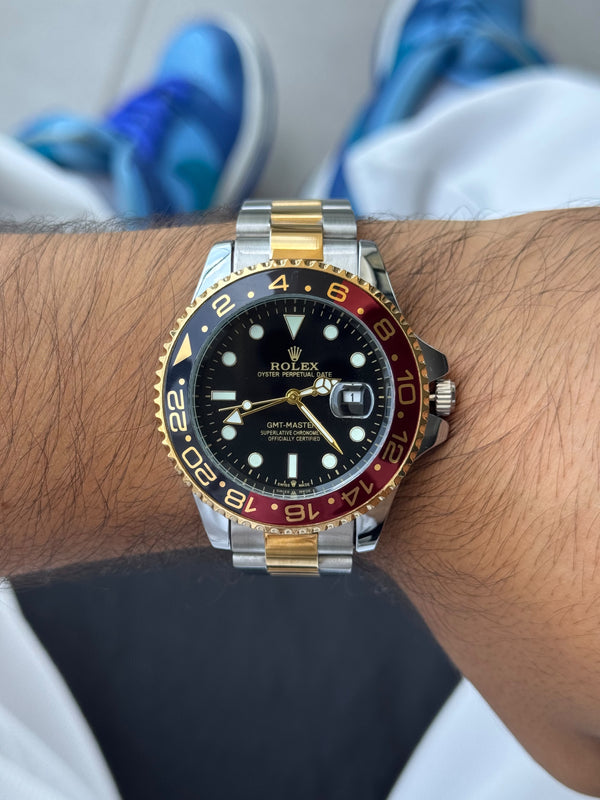 Rlx Gmt 2 Bicolor Dorado Tablero Negro Bisel Rojo Negro