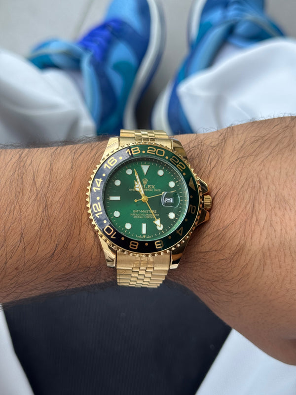 Rlx GMT 2 Dorado Tablero Verde Bisel Verde Negro