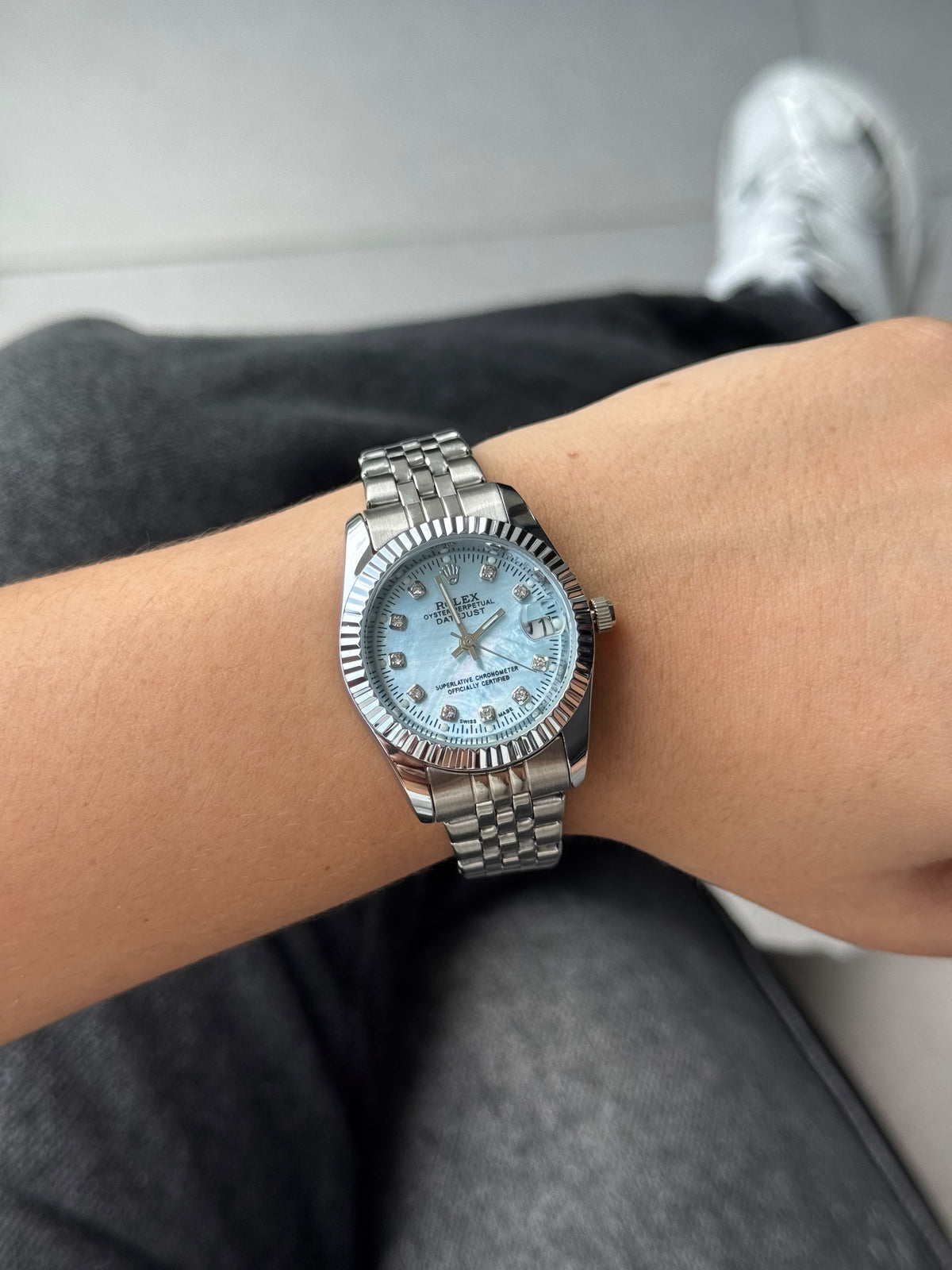 Rlx Mujer Dayjust Diamond Plateado Tablero Azul Claro