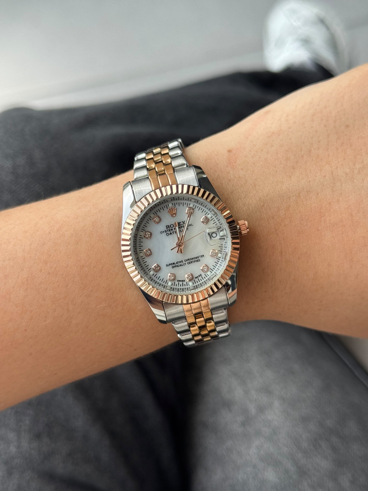 Rlx Mujer Dayjust Diamond Bicolor oro Rosa Tablero plateado perla