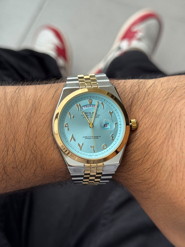Rlx Lx Arabe Bicolor Dorado Tablero Azul Claro