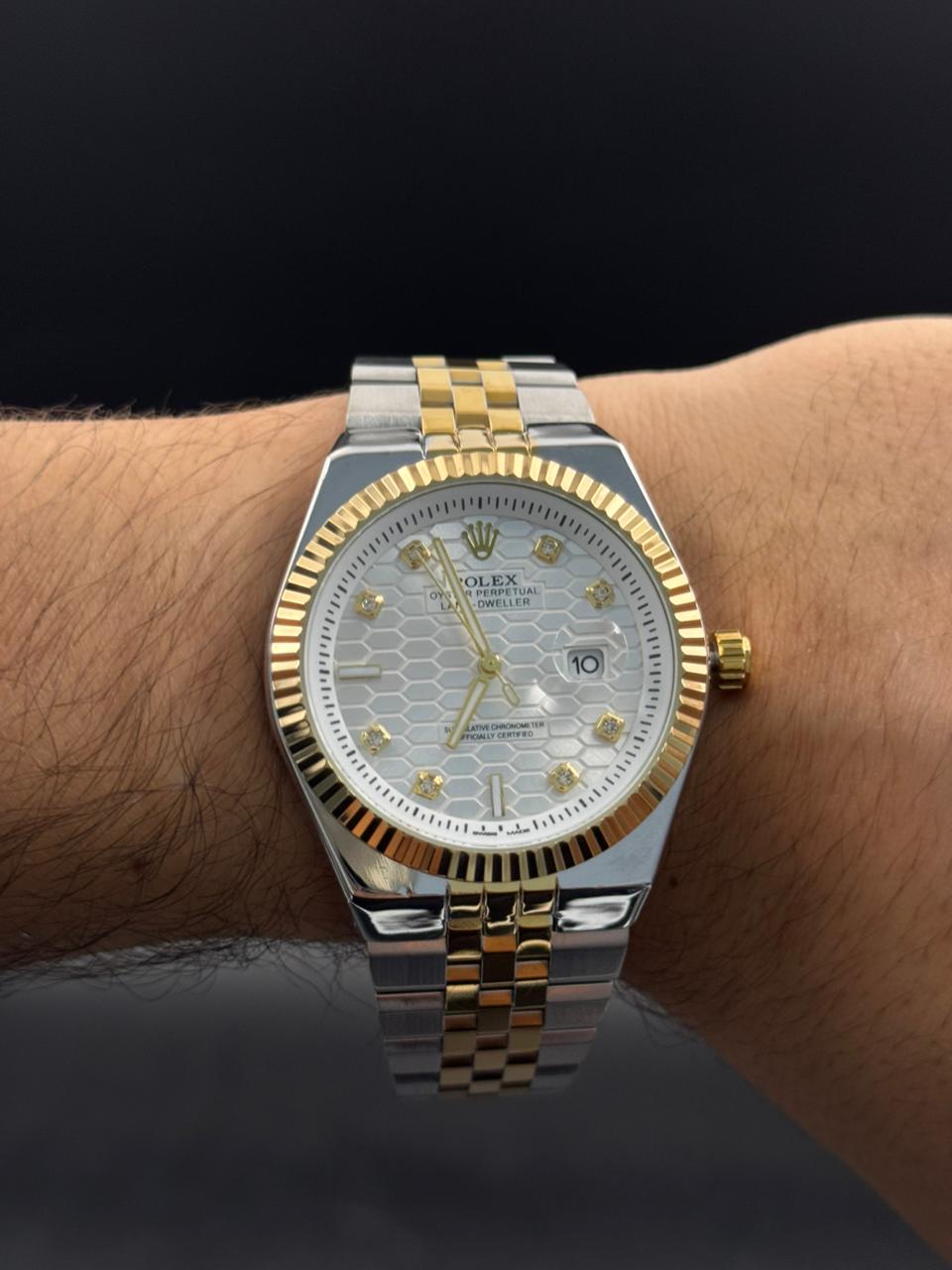 Rlx Day Date Diamond Bicolor Dorado Tablero Plateado