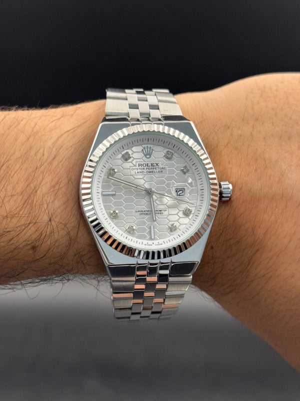 Rlx Day Date Diamond Plateado Tablero Plateado