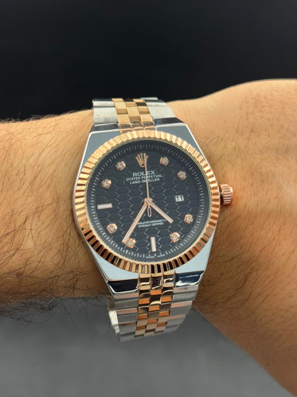 Rlx Day Date Diamond Bicolor Oro Rosa Tablero Negro
