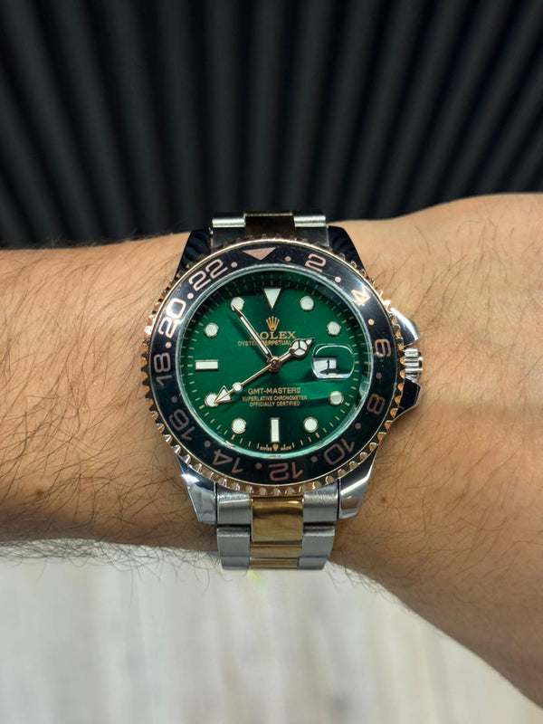 Rlx GMT 2 Bicolor Dorado Tablero Verde Bisel Negro