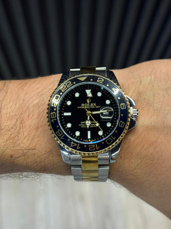 Rlx GMT 2 Bicolor Dorado Tablero Negro Bisel Negro