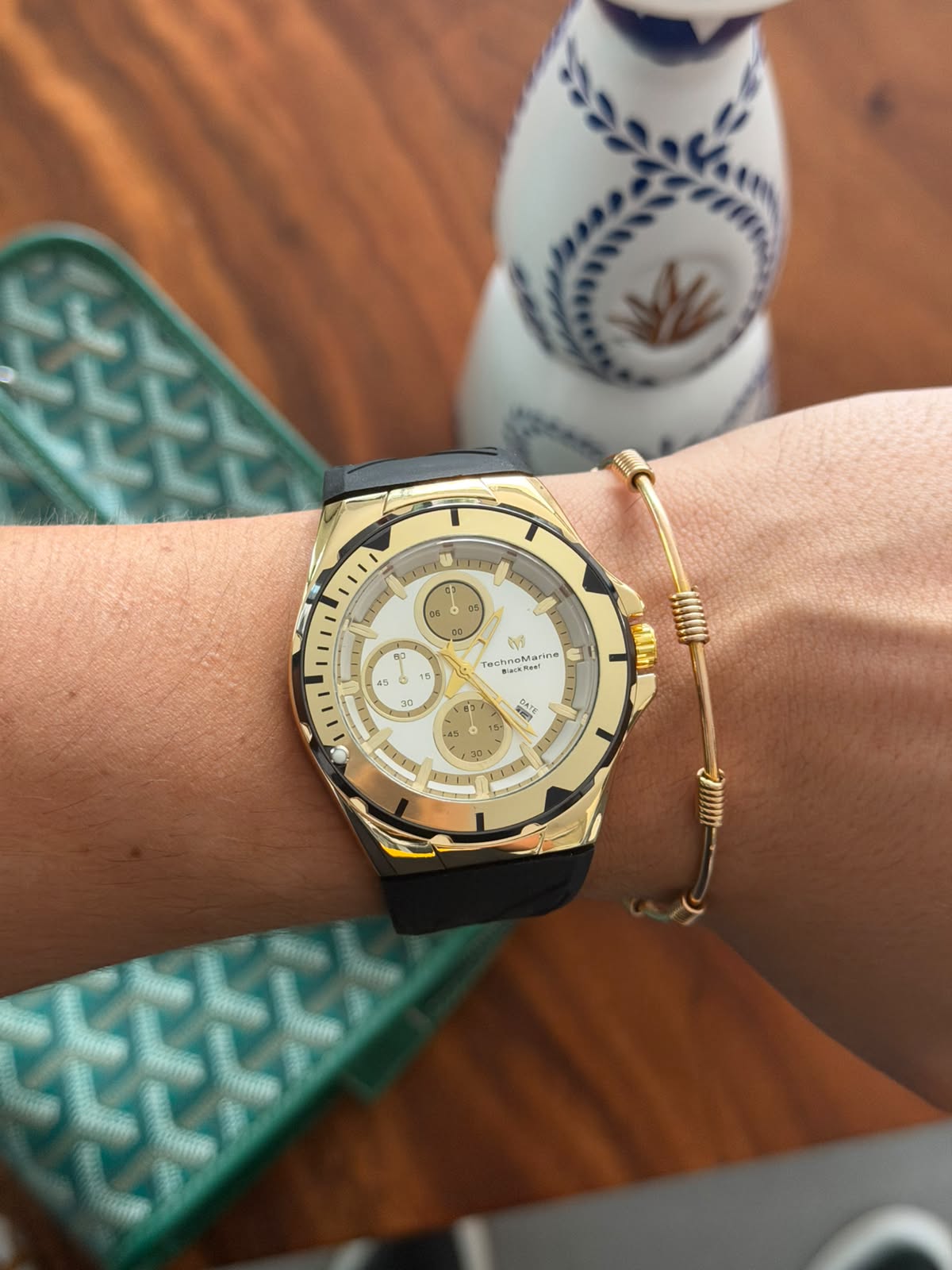 Tchmrn Cruise Chrono Goma Negra Tablero Plateado Dorado