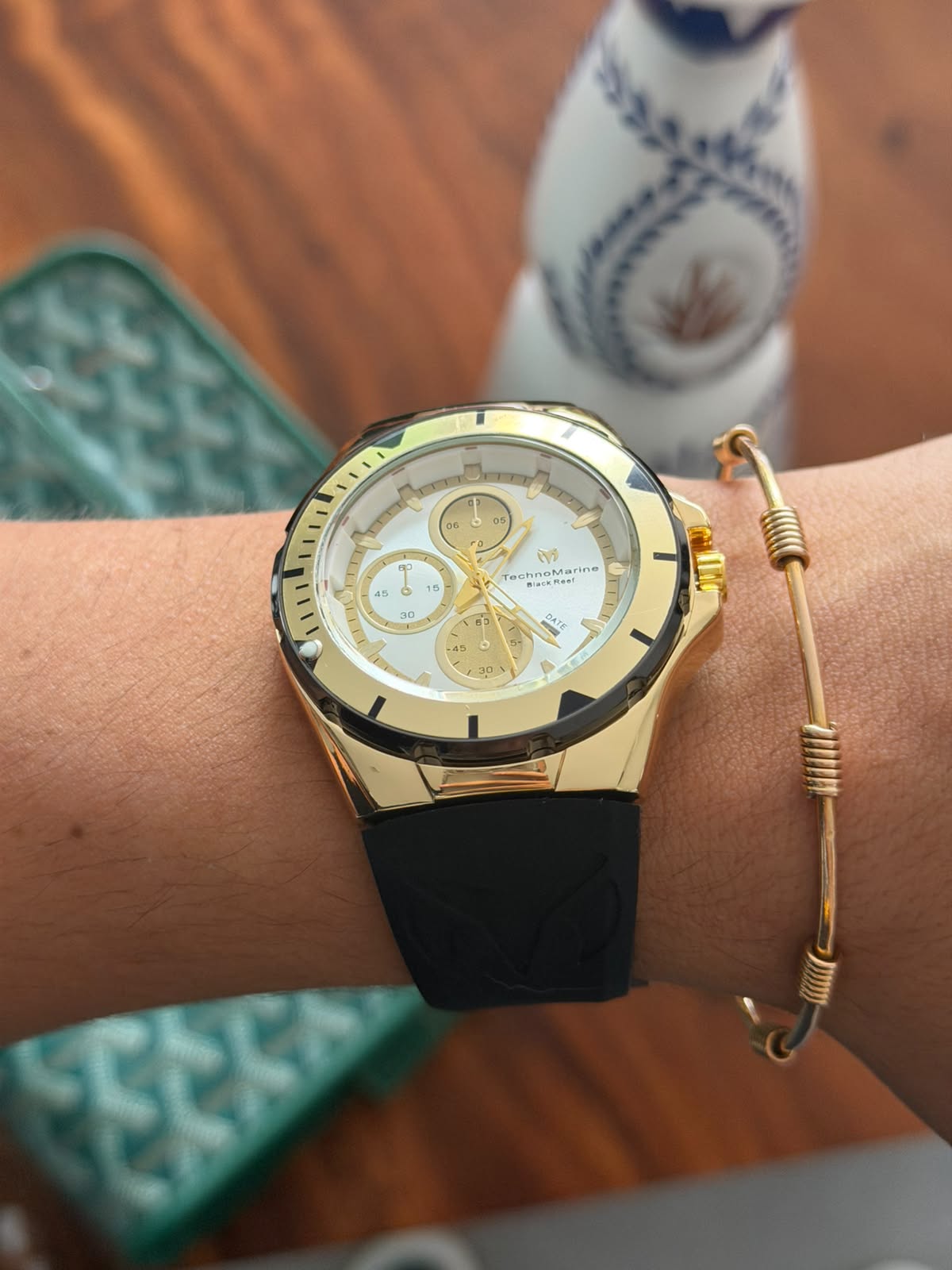 Tchmrn Cruise Chrono Goma Negra Tablero Plateado Dorado