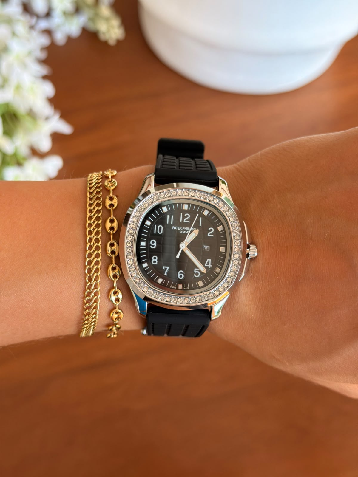 Ptk Mujer Circones Goma Negra Tablero Negro Plateado