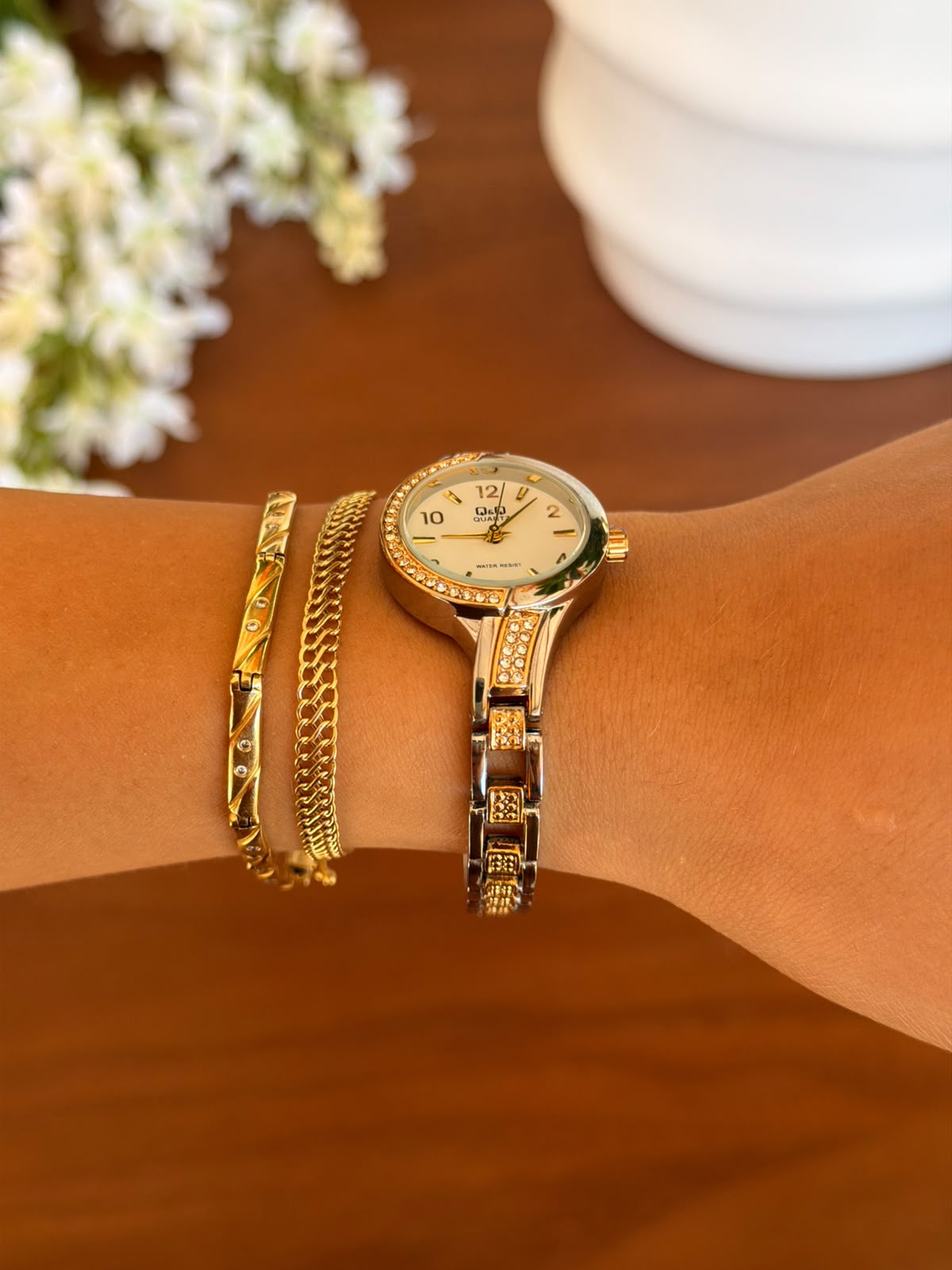 QYQ Mujer Bicolor Dorado Tablero Blanco