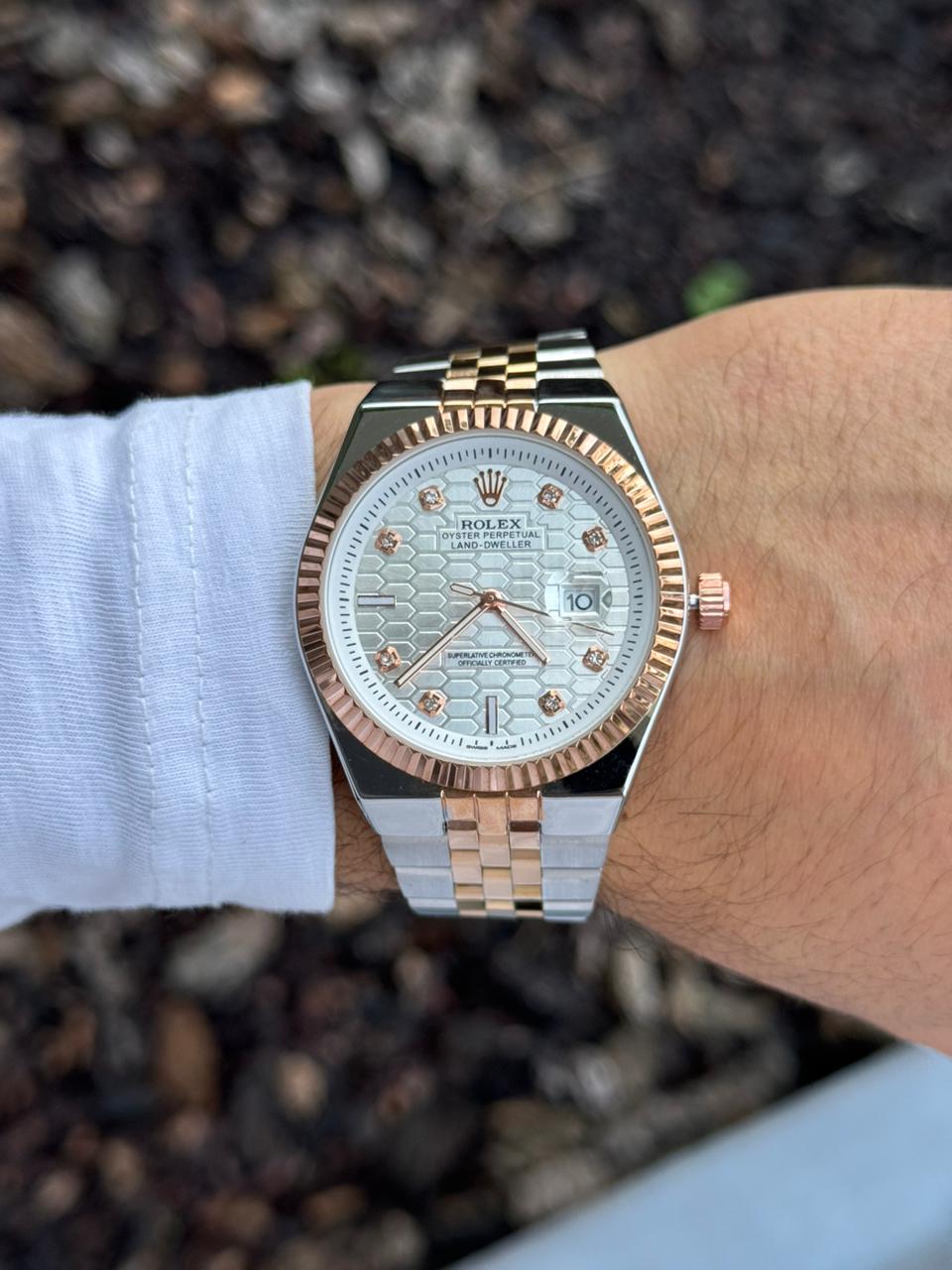 Rlx Day Date Diamond Bicolor Oro Rosa Tablero Plateado
