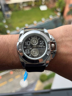 Tchmrn Crono Goma Negra Tablero Negro Blanco Plateado