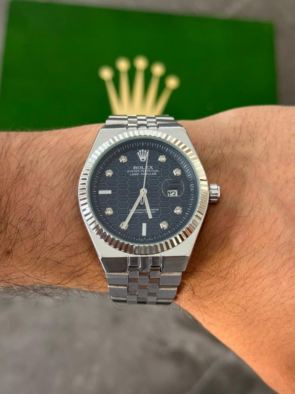 Rlx Day Date Diamond Plateado Tablero Azul Oscuro