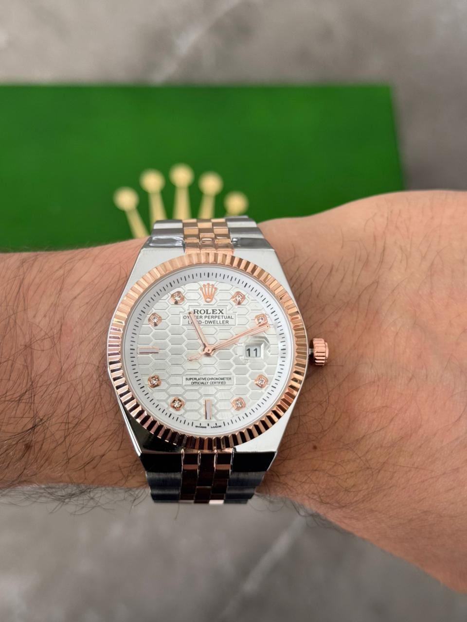 Rlx Day Date Diamond Bicolor Oro Rosa Tablero Plateado