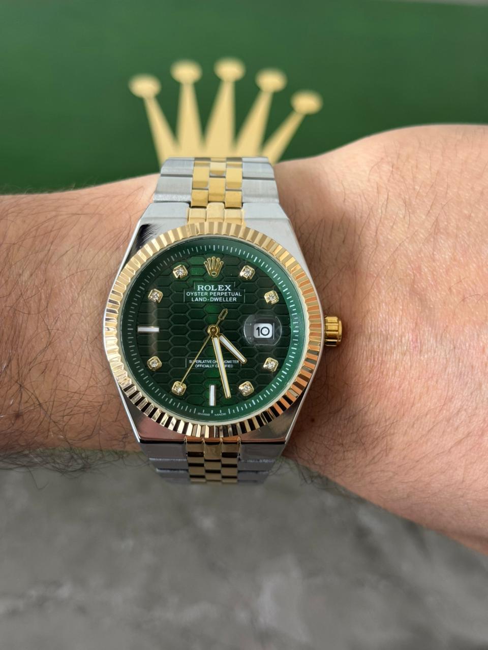 Rlx Day Date Diamond Bicolor Dorado Tablero Verde