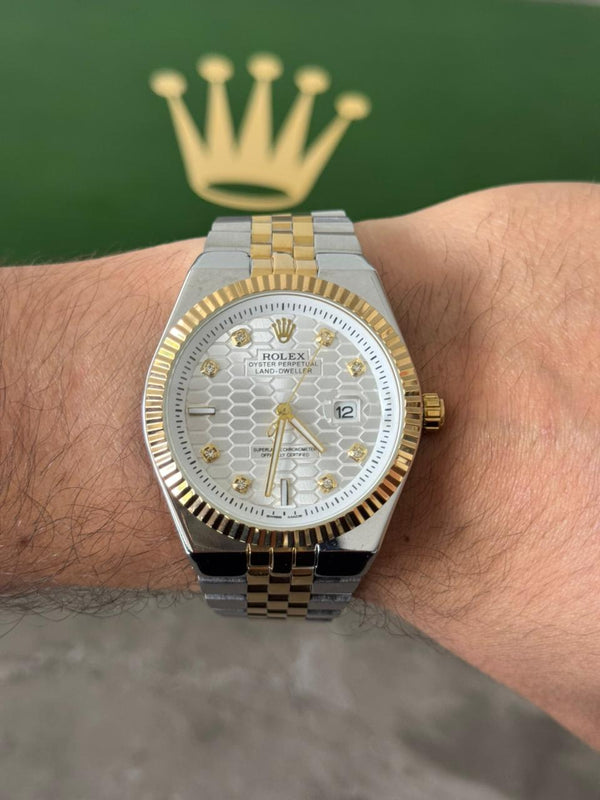 Rlx Day Date Diamond Bicolor Dorado Tablero Plateado