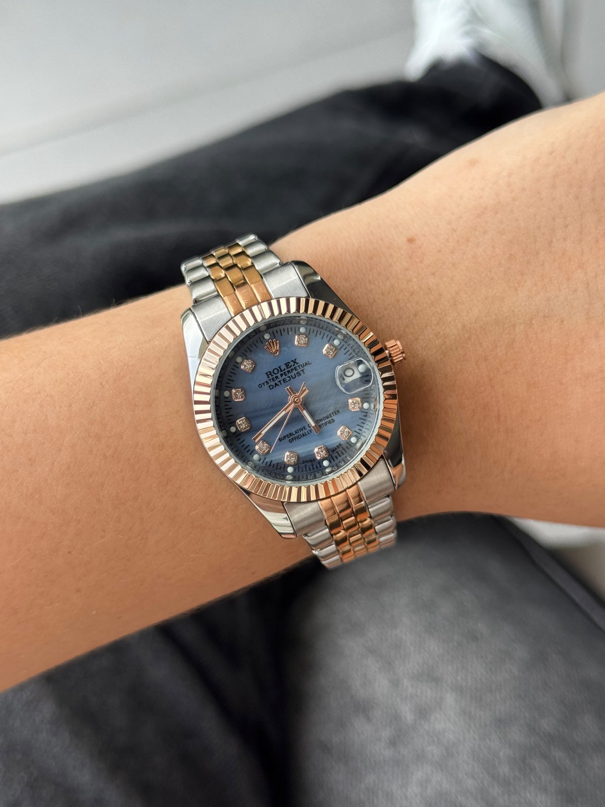 Rlx Mujer Dayjust Diamond Bicolor Oro rosa Tablero Azul