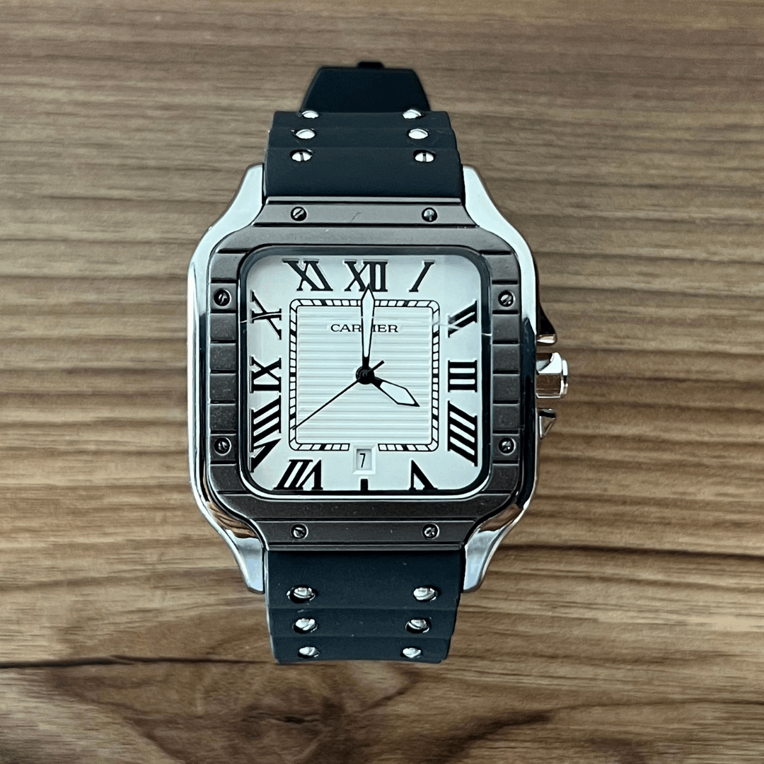CARTIER SANTOS NEGRO TABLERO BLANCO-PLATEADO-NEGRO