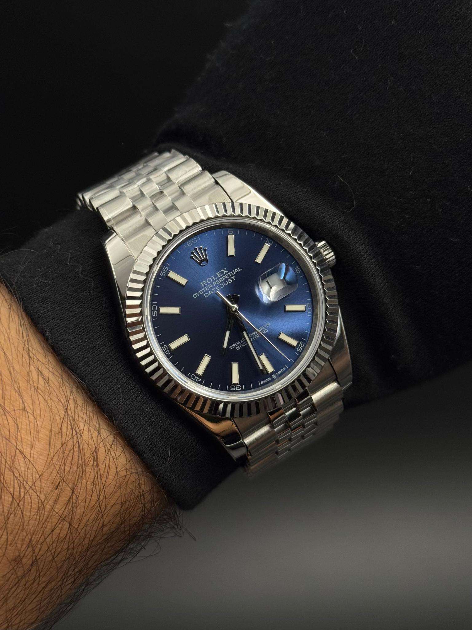 Rlx DateJust Exclusive Trenzado Plateado Tablero Azul