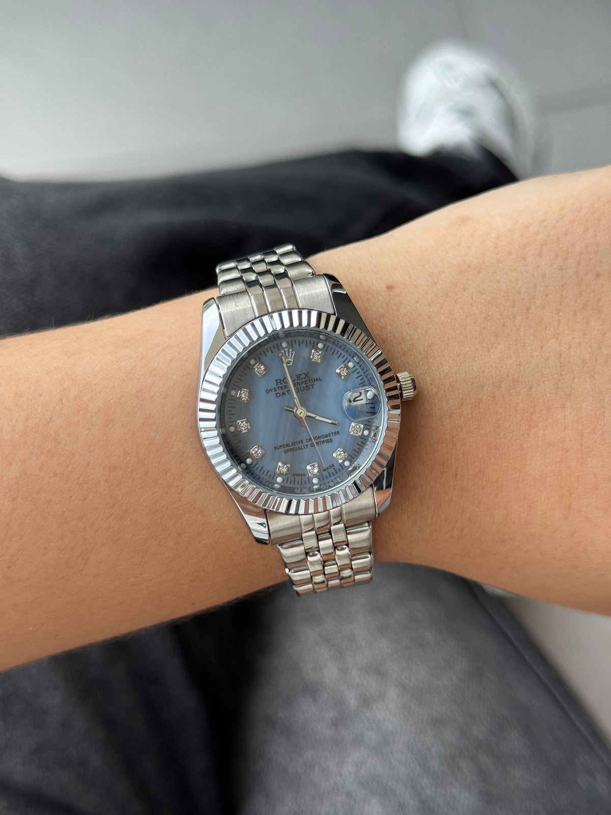 Rlx Mujer Dayjust Diamond Plateado Tablero Azul