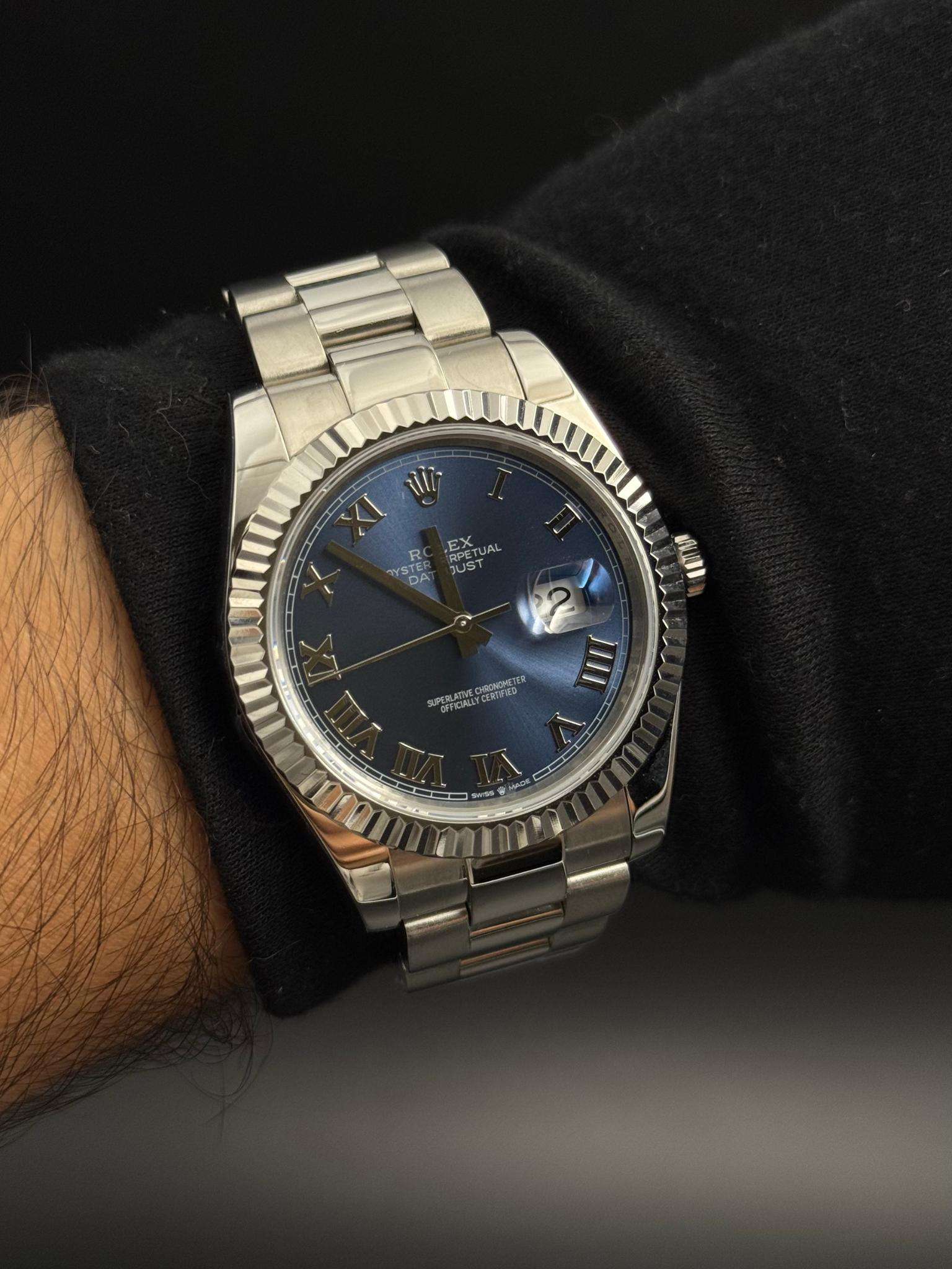 Rlx DateJust Exclusive Plateado Tablero Azul Números Romanos