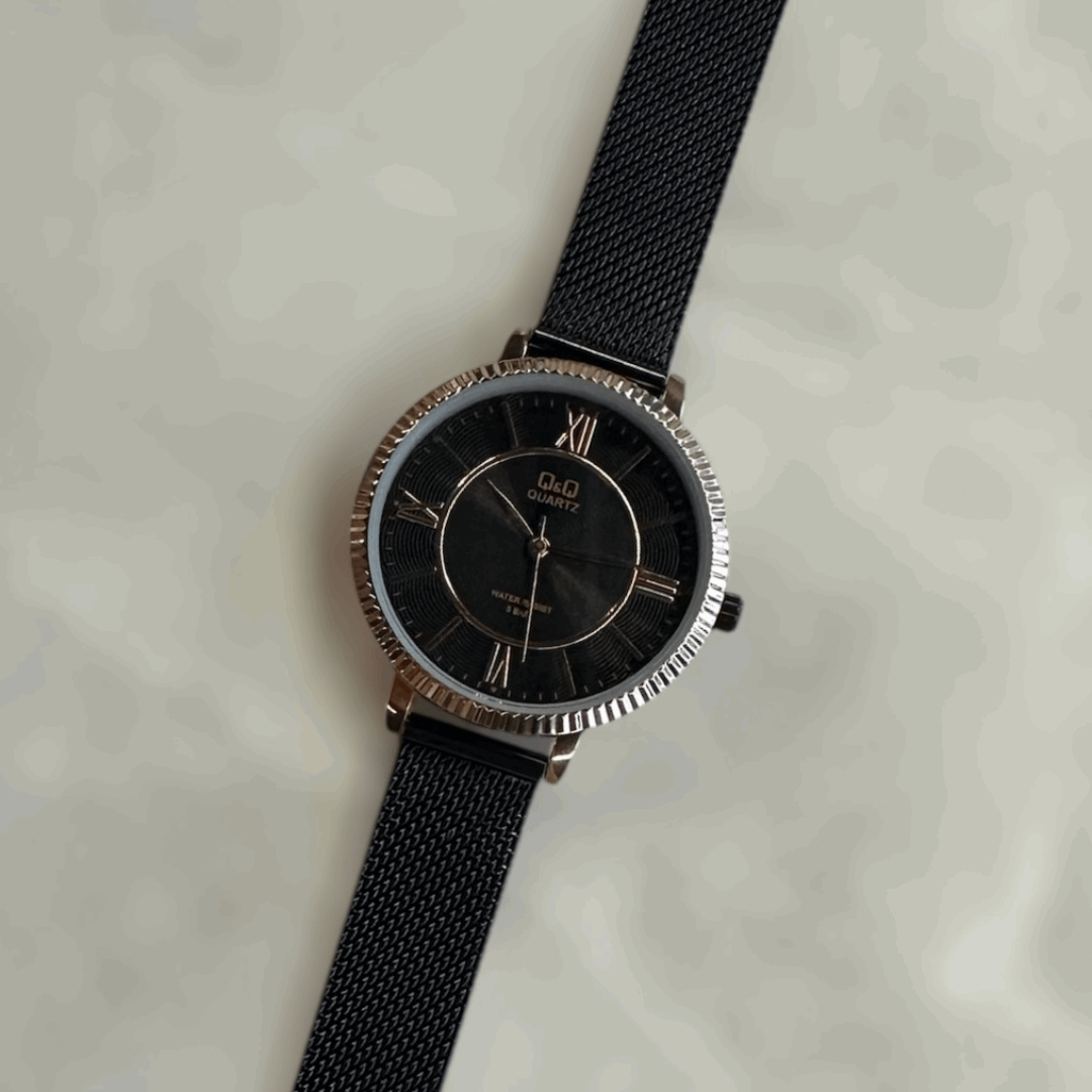 QYQ MUJER MALLA NEGRO TABLERO NEGRO ORO ROSA