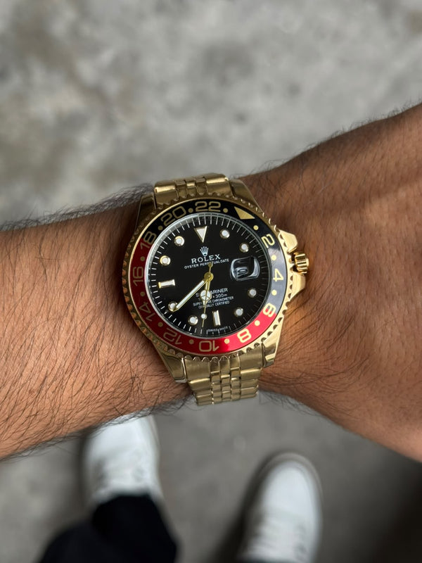 Rlx GMT 2 Dorado Tablero Negro Bisel Negro Rojo