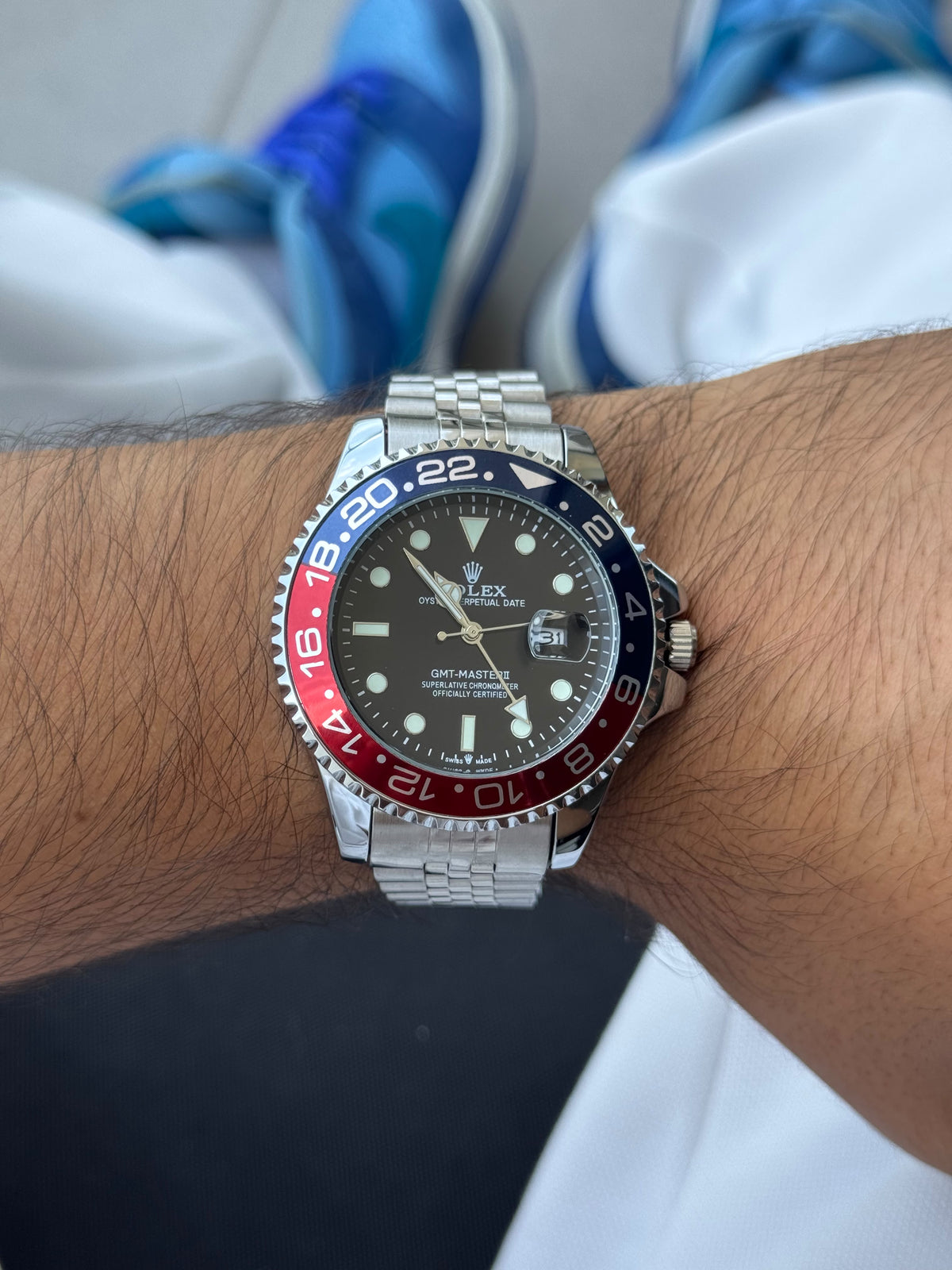 Rlx GMT 2 Plateado Tablero Negro Bisel Negro Rojo