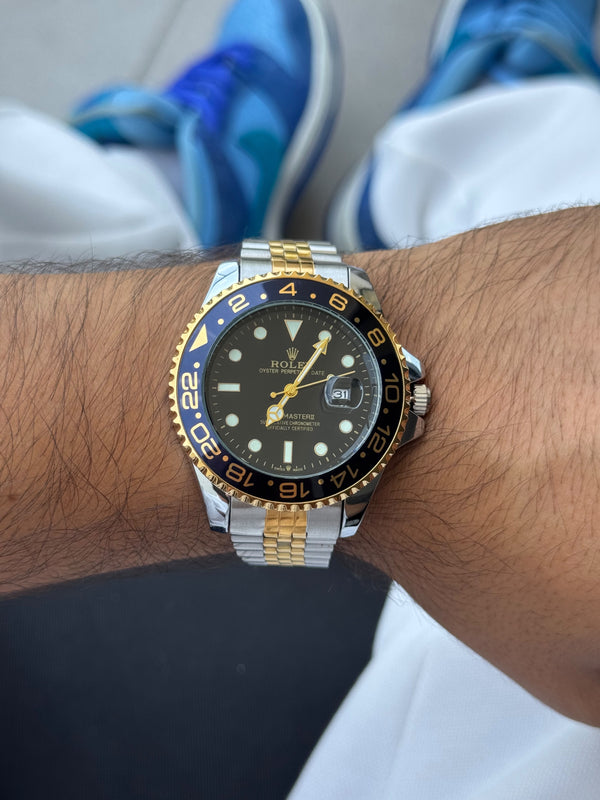 Rlx GMT 2 Bicolor dorado Tablero azul  bisel azul oscuro