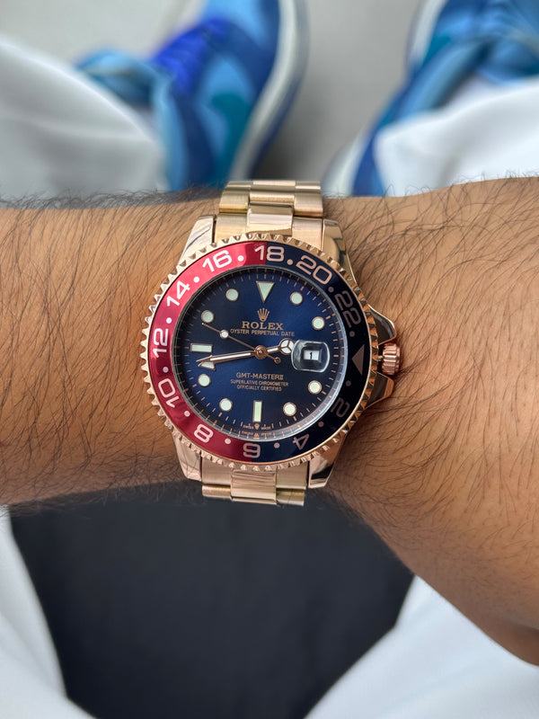 Rlx GMT 2 Oro Rosa Tablero Azul Bisel Rojo Negro