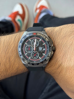 TAG Hr Formula 1 Goma Negra Cronógrafo Funcional Tablero Negro Rojo