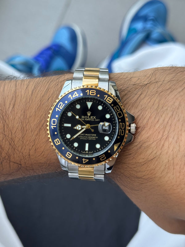 Rlx GMT 2 Bicolor Dorado Tablero Azul Bisel Negro Azul