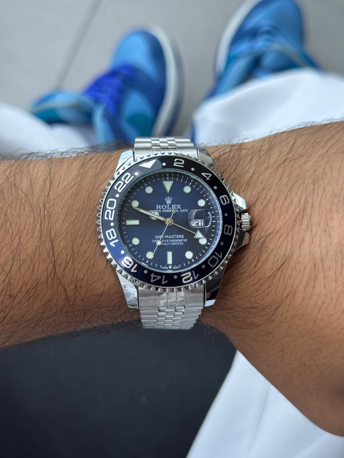 Rlx GMT 2 Plateado Tablero Azul Bisel Negro
