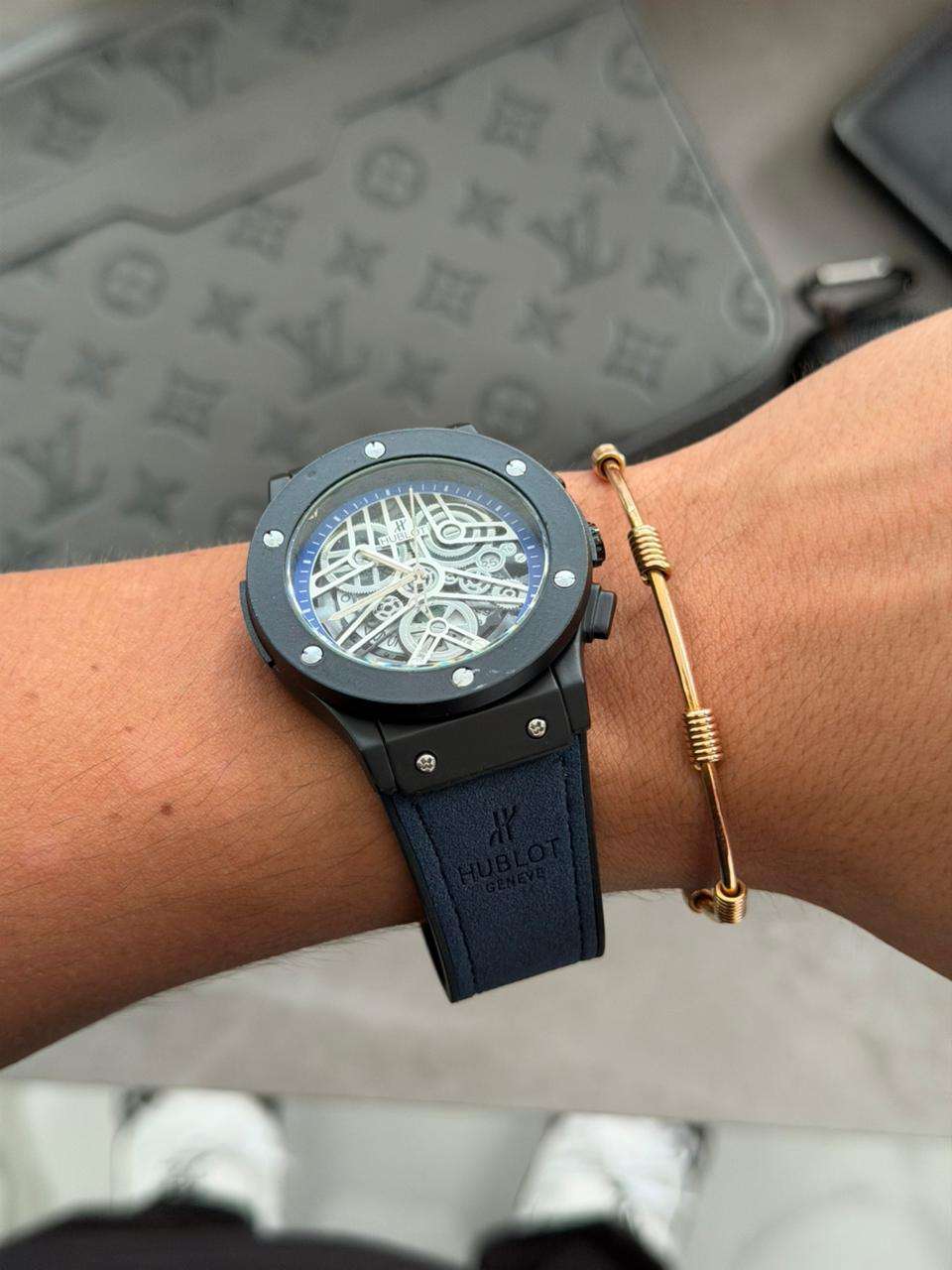 Hblt Luxe Correa Azul Tablero Plateado Azul Negro