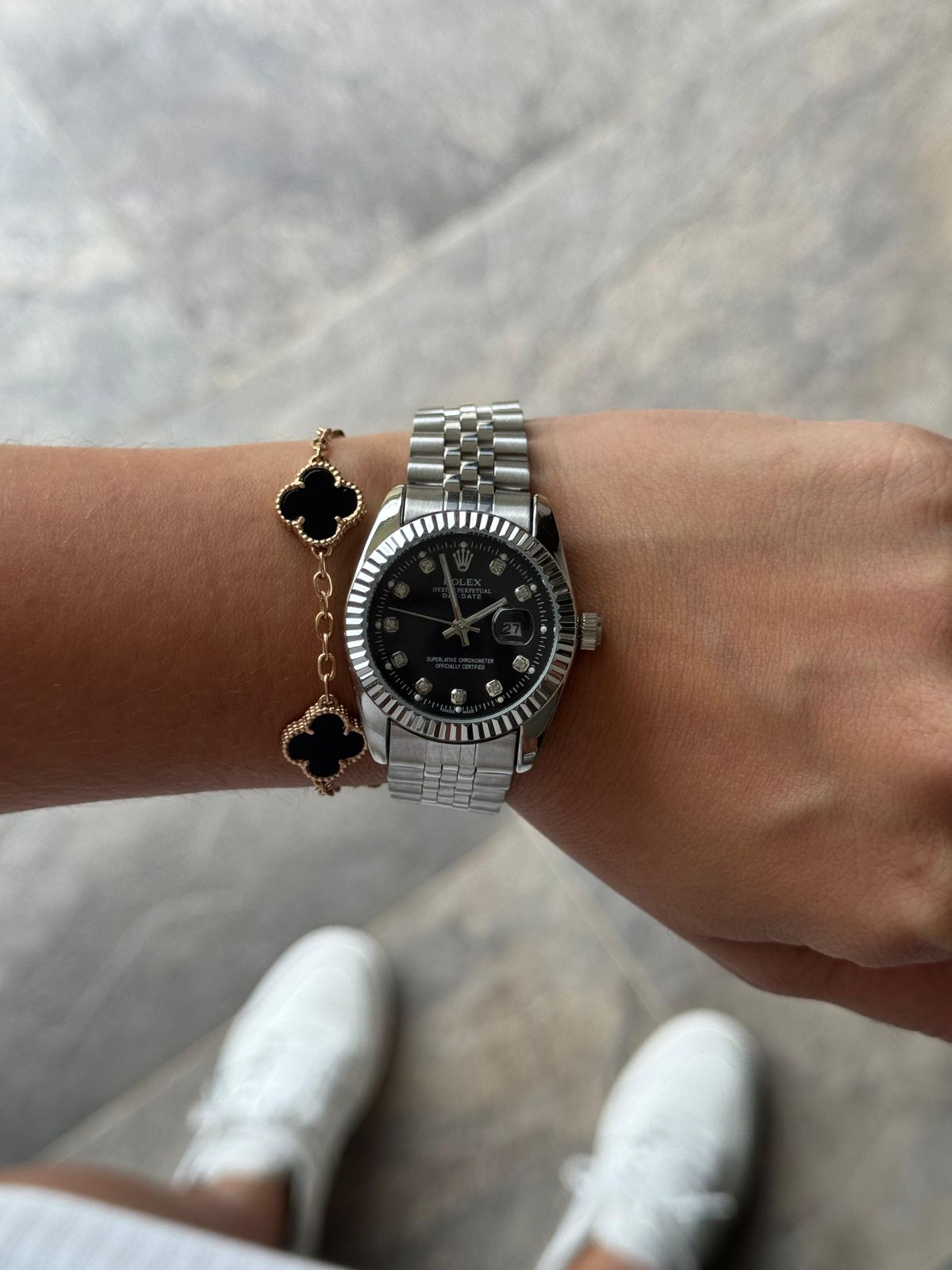 Rlx Mujer Dayjust Diamond Plateado Tablero Negro