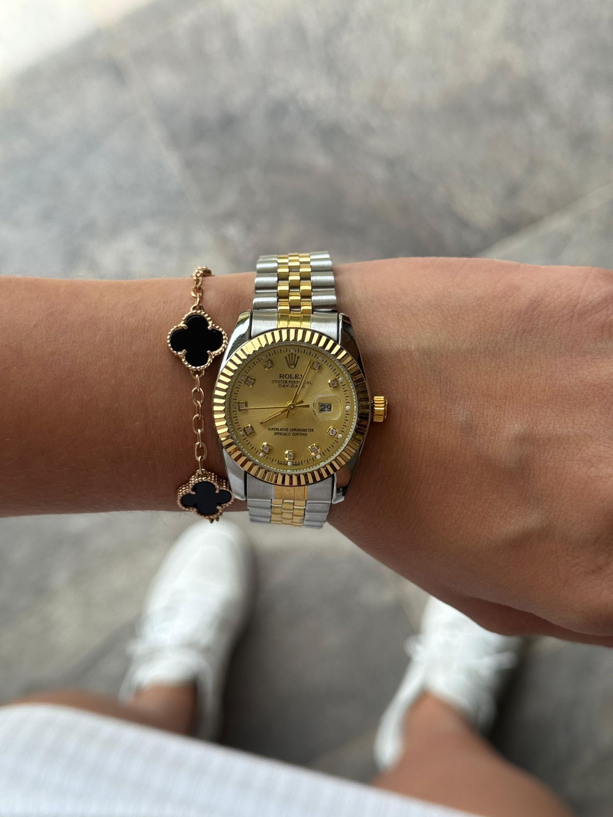 Rlx Mujer Dayjust Diamond Bicolor Dorado Tablero Dorado