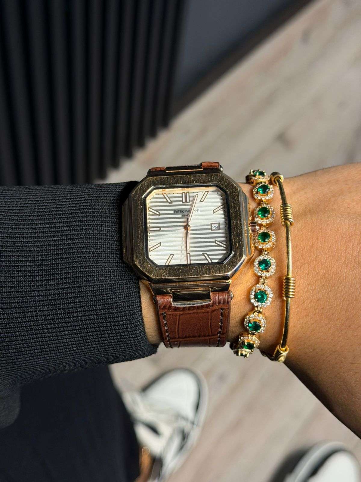 Patk Cuero Cafe Tablero Plateado Oro Rosa