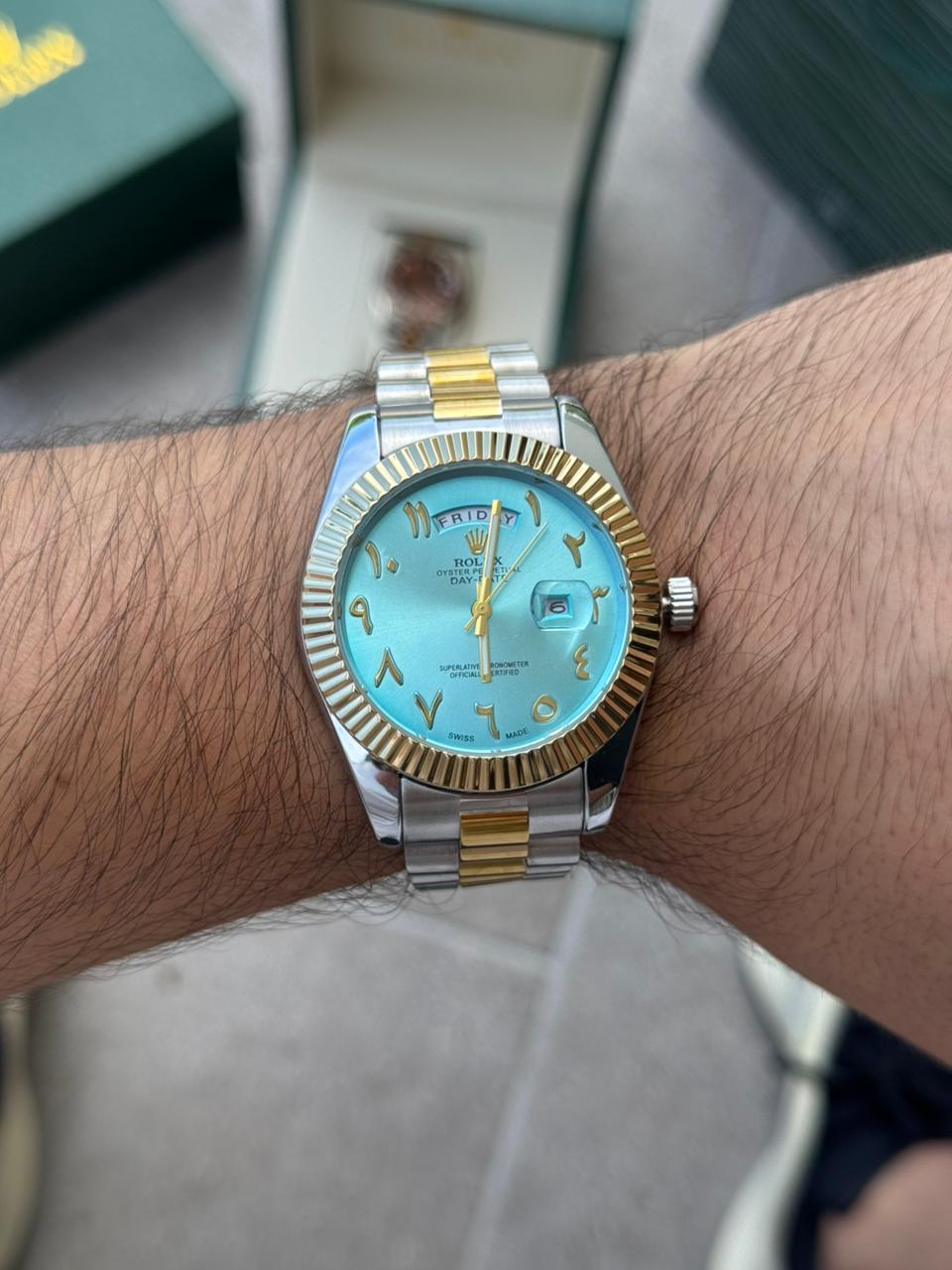 Rlx Arabe Bicolor Dorado Tablero Azul Claro