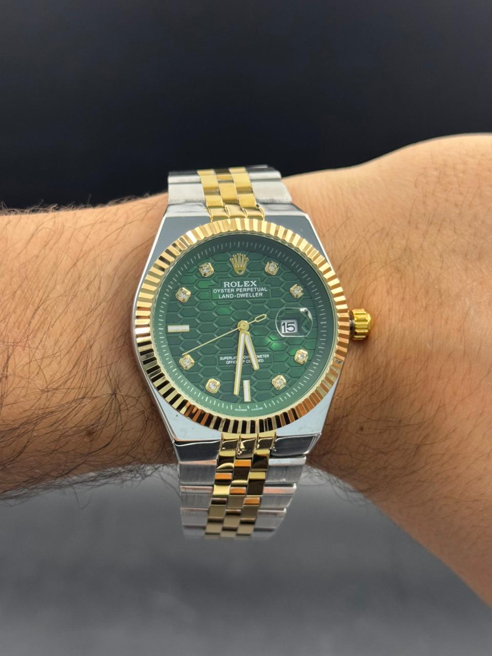 Rlx Day Date Diamond Bicolor Dorado Tablero Verde
