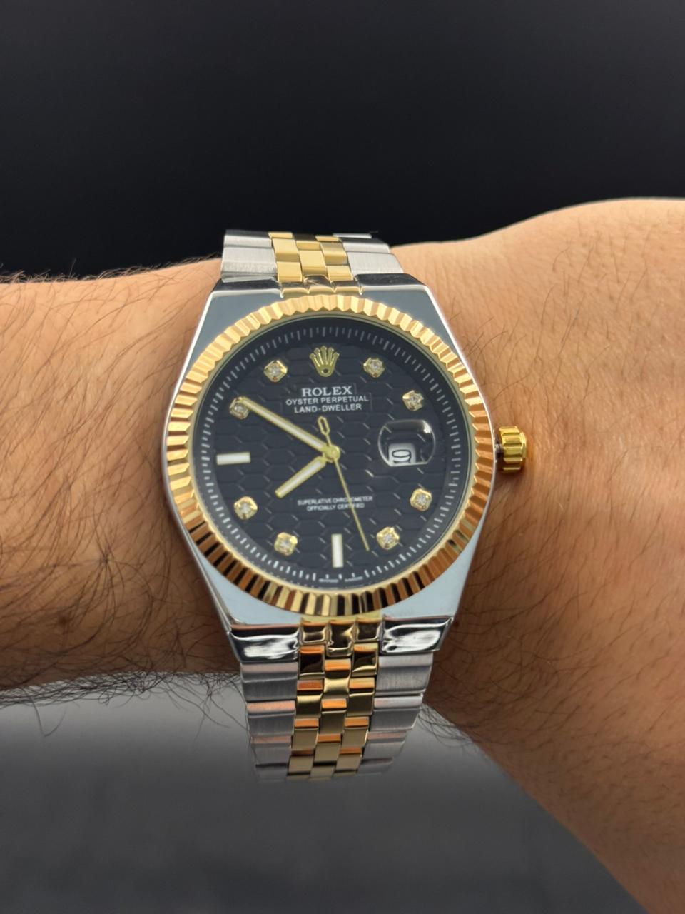 Rlx Day Date Diamond Bicolor Dorado Tablero Negro