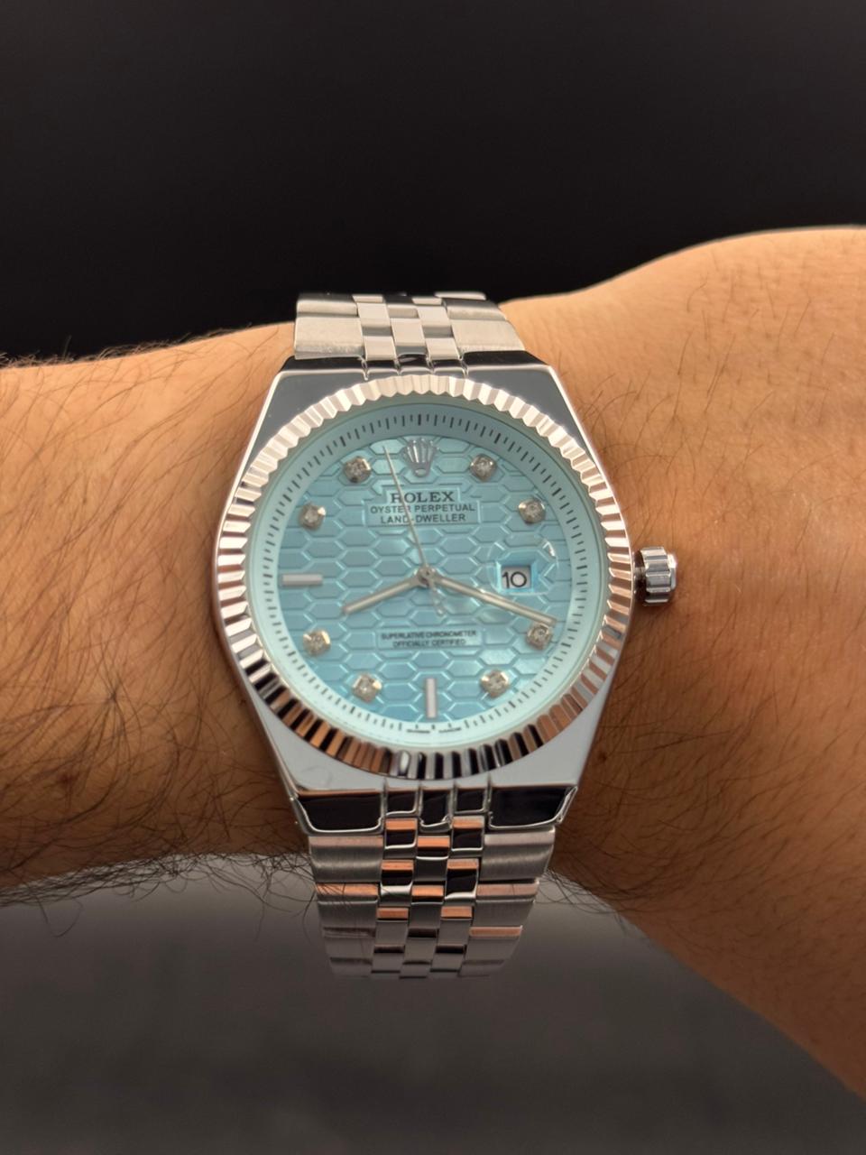 Rlx Day Date Diamond Plateado Tablero Azul