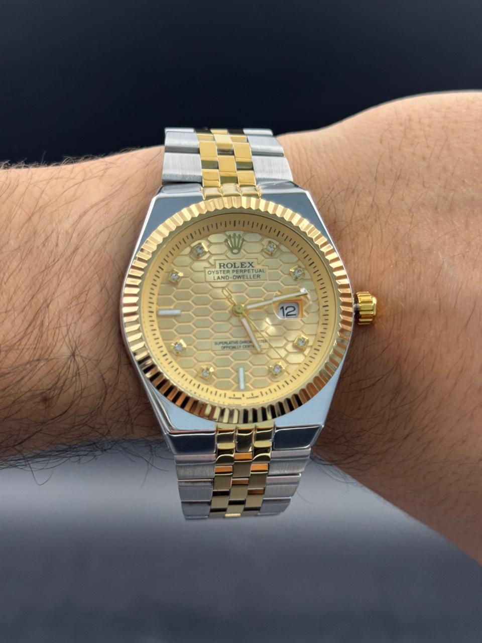 Rlx Day Date Diamond Bicolor Dorado Tablero Dorado