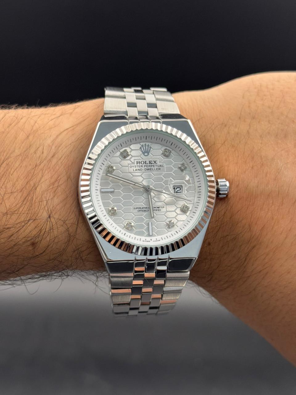 Rlx Day Date Diamond Plateado Tablero Plateado