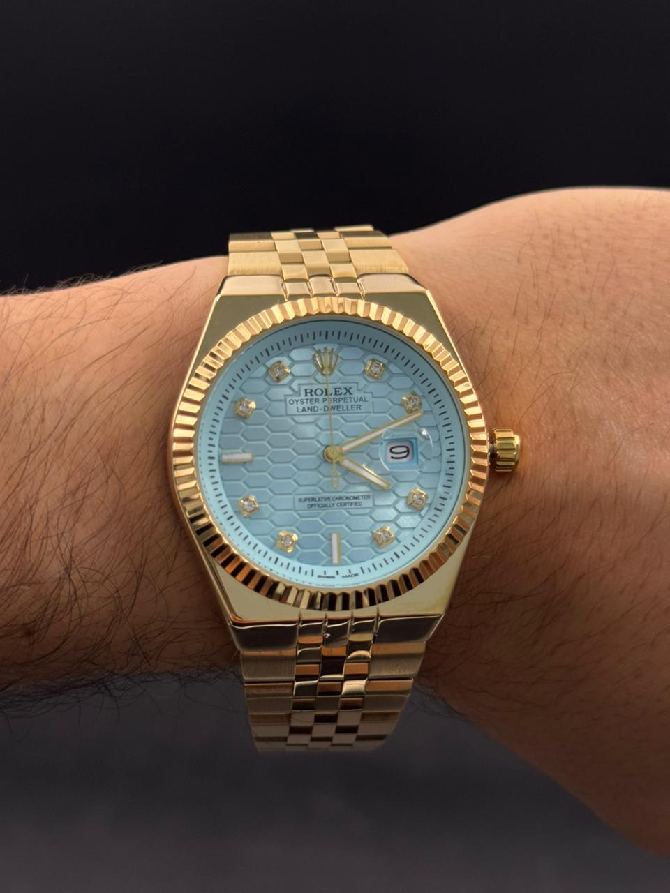 Rlx Day Date Diamond Dorado Tablero Azul