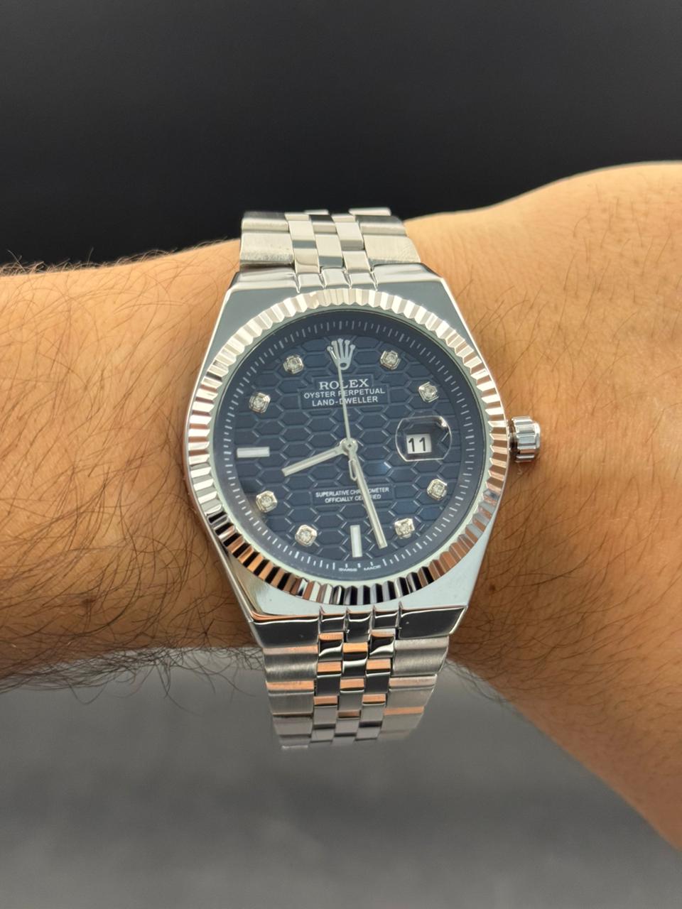 Rlx Day Date Diamond Plateado Tablero Azul Oscuro