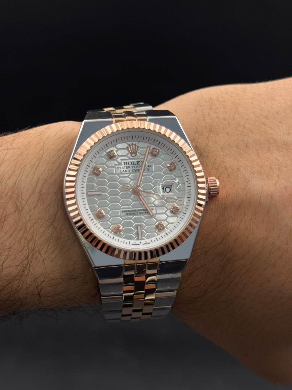 Rlx Day Date Diamond Bicolor Oro Rosa Tablero Plateado