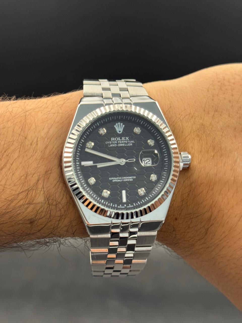 Rlx Day Date Diamond Plateado Tablero Negro